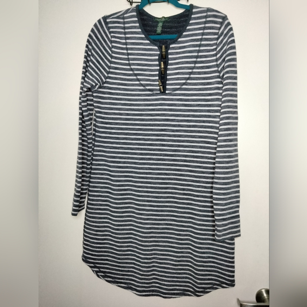 Lauren RL Jeans (Size L) Gray Stripe Toggle Button LS Stretch Knit Sweater Dress